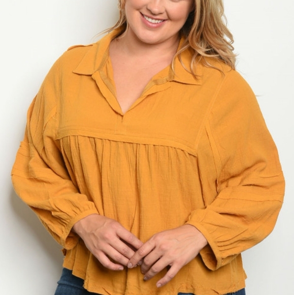PLUS SIZE LONG SLEEVE MUSTARD BLOUSE - Picture 1 of 2
